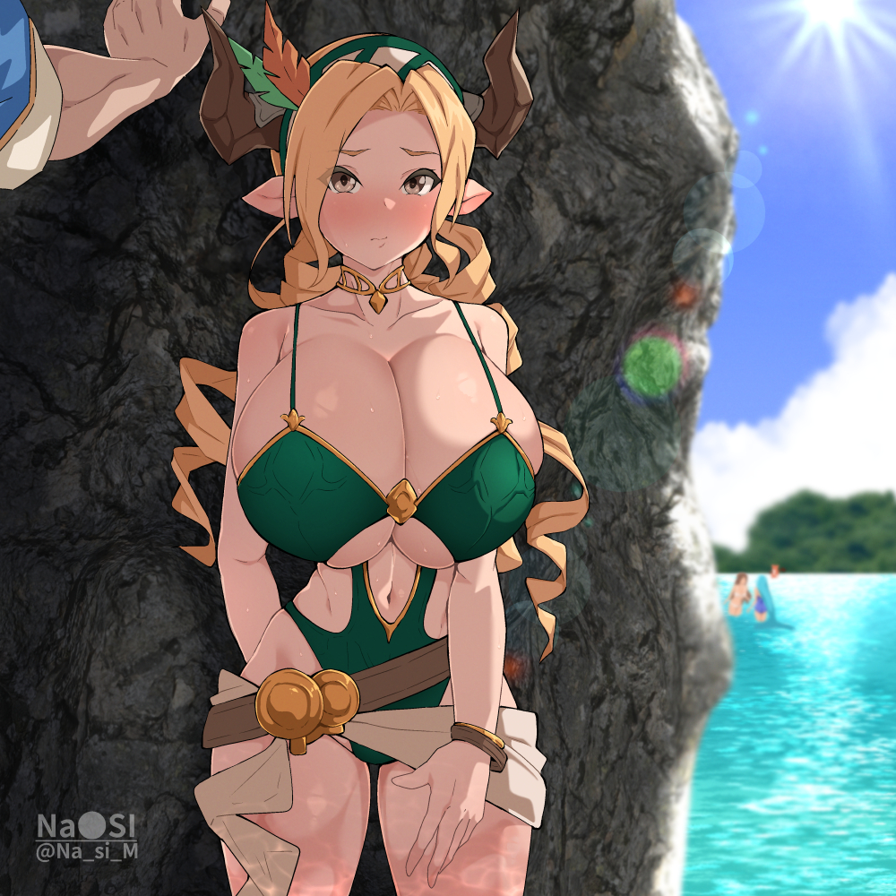 1boy 1girl bare_shoulders blonde_hair blush bracelet breasts brown_eyes choker cleavage cloud draph drill_hair gold_choker gran_(granblue_fantasy) granblue_fantasy green_one-piece_swimsuit hetero horns huge_breasts interspecies jewelry long_hair looking_at_viewer maria_theresa_(granblue_fantasy) nanashi_maru navel one-piece_swimsuit outdoors pov quad_drills rock sidelocks sun swimsuit water