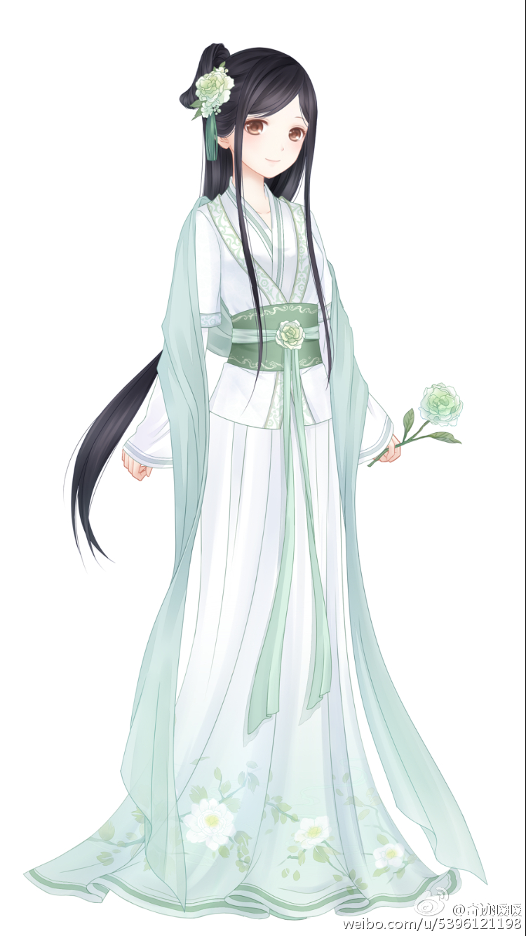 1girl artist_request black_hair bow-shaped_hair brown_eyes carnation chinese_clothes chinese_commentary closed_mouth commentary_request dot_nose eyelashes floral_print flower full_body green_flower green_shawl hair_bun hair_flower hair_ornament hanfu highres holding holding_flower jiaoling_ruqun light_blush long_hair long_sidelocks long_sleeves looking_at_viewer low-tied_long_hair low_ponytail miracle_nikki nikki_(series) official_art ponytail second-party_source sidelocks simple_background single_side_bun sleeves_past_wrists smile solo standing tassel tassel_hair_ornament very_long_hair watermark weibo_watermark white_background white_hanfu wide_sleeves