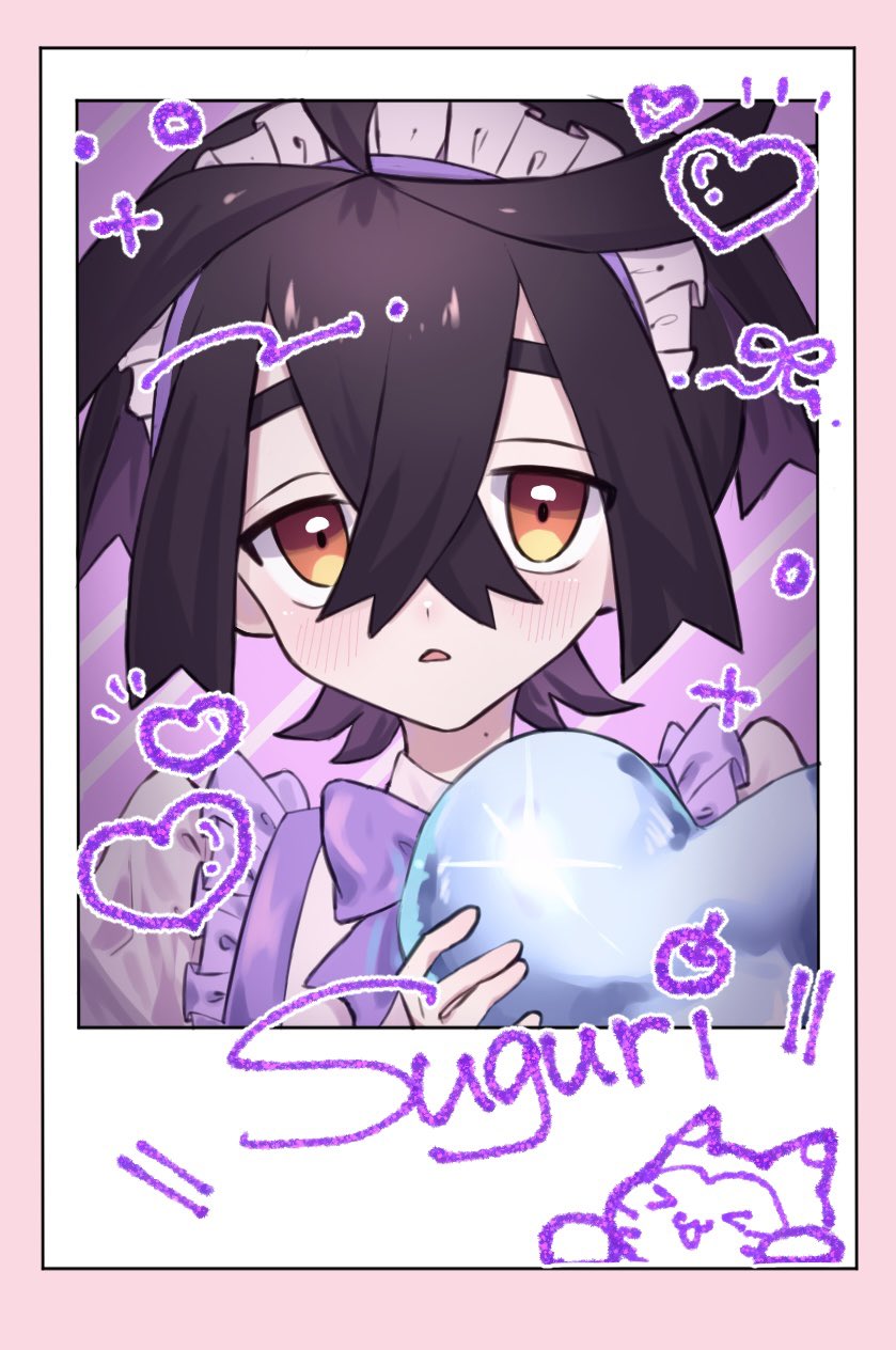 1boy alternate_costume apron black_hair border character_name commentary_request crossed_bangs enmaided frills furret gen_2_pokemon hair_between_eyes hand_up heart highres holding kieran_(pokemon) maid maid_headdress male_focus multicolored_hair na8_8n nintendo notice_lines open_mouth pink_border pokemon pokemon_sv purple_hair solo two-tone_hair