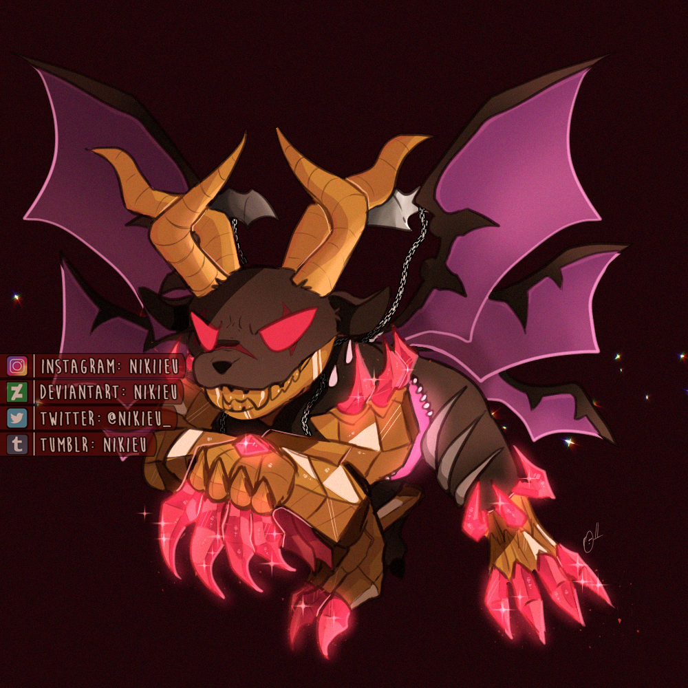 armor belphemon belphemon_rage_mode belphemon_x-antibody claws digimon digimon_(creature) horns pink_eyes solo wings