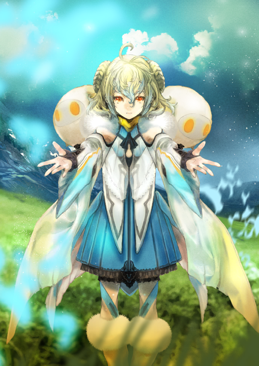 1boy ahoge apollo_(fate) asai_genji black_sleeves blue_dress blue_sky boots braid braided_bun cleavage_cutout closed_mouth clothing_cutout cloud crossdressing detached_sleeves double_bun dress fate/grand_order fate_(series) feet_out_of_frame fur-trimmed_boots fur_collar fur_trim game_cg green_hair hair_between_eyes hair_bun halter_dress halterneck hands_up long_sleeves looking_at_viewer male_focus medium_hair official_art on_shoulder paris_(fate) red_eyes sheep short_dress sky solo standing straight-on stuffed_animal stuffed_toy third-party_source thumb_hole_sleeves trap variant_set white_boots