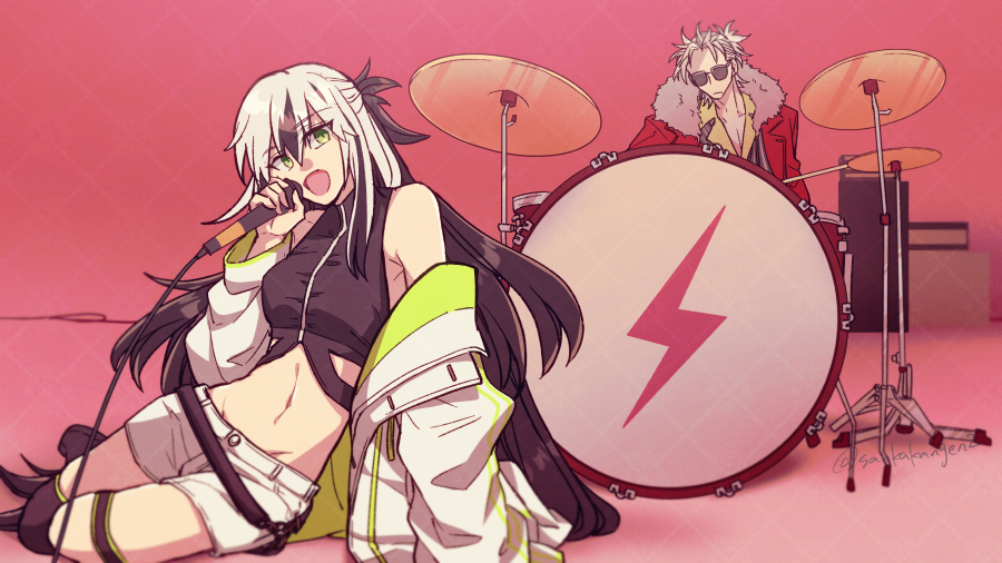 1boy 1girl apt._(rose_&amp;_bruno_mars) black_hair coat drum drum_set fate/grand_order fate_(series) green_eyes grey_hair holding holding_microphone instrument jacket long_hair masaki_(star8moon) microphone midriff multicolored_hair music nagao_kagetora_(fate) navel parody red_coat shorts singing sunglasses takeda_shingen_(fate) twitter_username two-tone_hair uesugi_kenshin_(fate) uesugi_kenshin_(second_ascension)_(fate) white_hair white_jacket white_shorts
