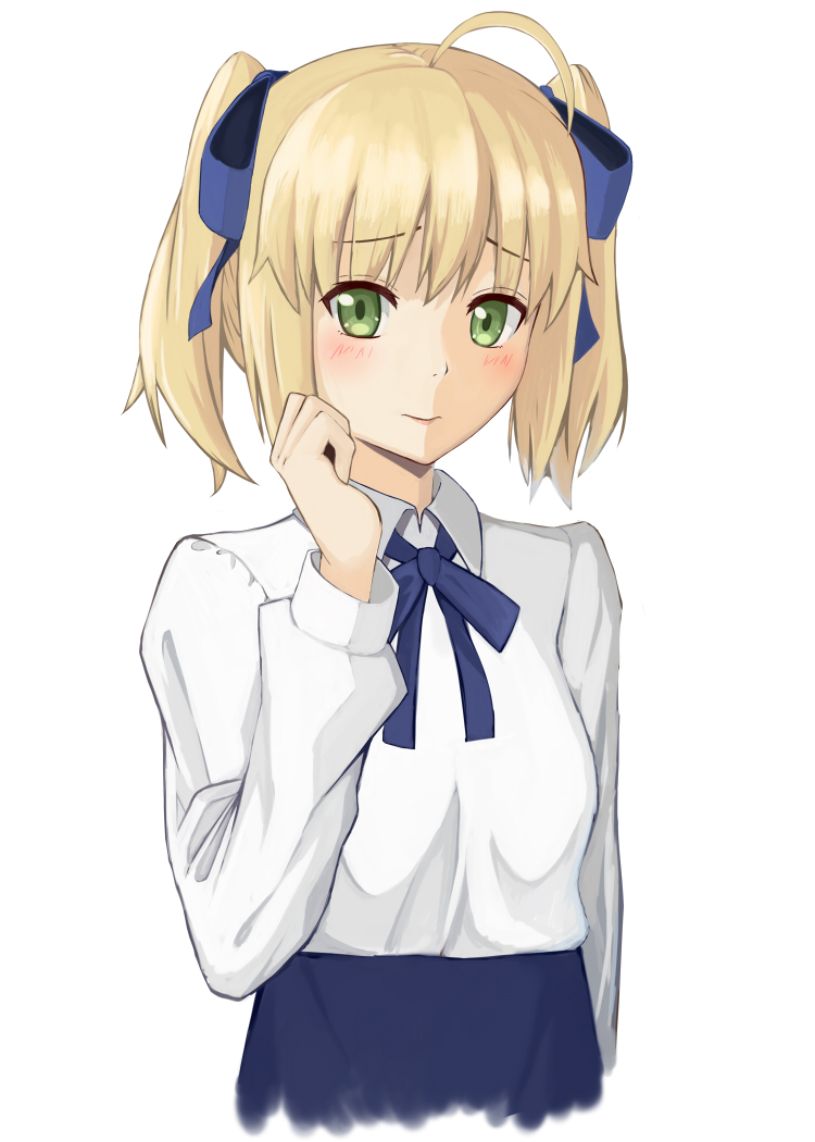 1girl ahoge alternate_hairstyle artoria_pendragon_(fate) blonde_hair blush bow fate/stay_night fate_(series) female_focus green_eyes hair_bow heikichi saber_(fate) short_twintails solo twintails