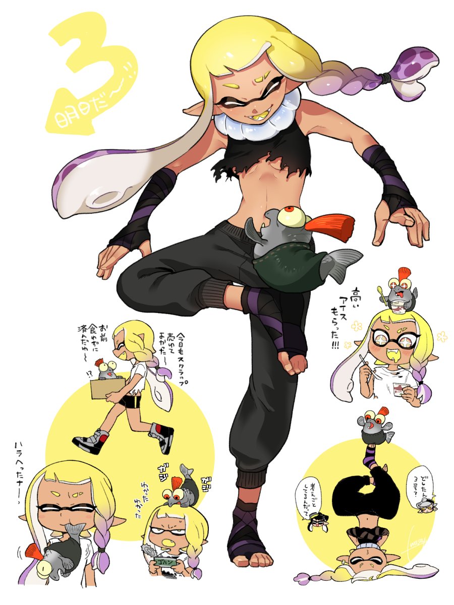 3girls agent_3_(splatoon_3) asymmetrical_hair balancing biting blonde_hair breasts bulging_eyes callie_(splatoon) crop_top fangs fingerless_gloves gloves headstand highres inkling inkling_girl inkling_player_character marie_(splatoon) multiple_girls nintendo pointy_ears salmonid shirt single_tooth smallfry_(splatoon) smile speech_bubble splatoon_(series) splatoon_3 tentacle_hair toeless_footwear torn_clothes torn_shirt translation_request underboob yeneny