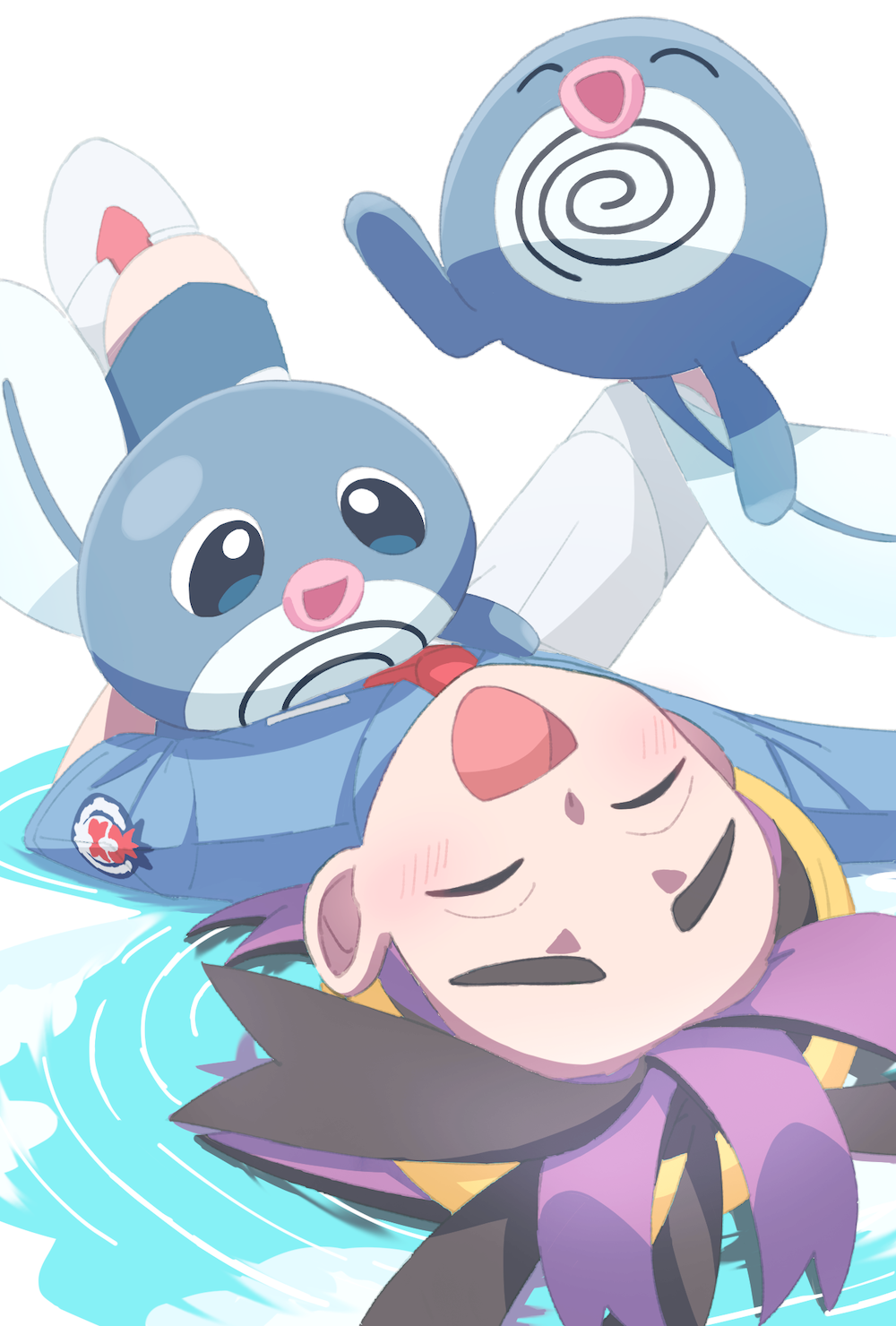1boy :d black_hair blue_shirt closed_eyes commentary gen_1_pokemon hairband happy highres kieran_(pokemon) male_focus multicolored_hair necktie nintendo open_mouth pokemon pokemon_(creature) pokemon_sv poliwag purple_hair red_necktie ripples shirt smile suimoku_(hzdg5322) tongue two-tone_hair yellow_hairband