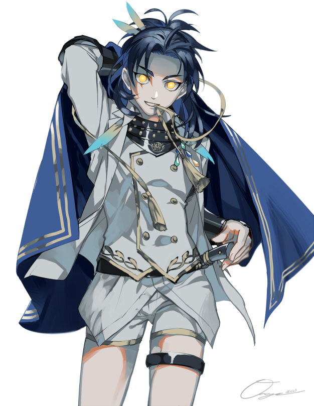 10s 1boy armor blue_hair cape cowboy_shot feather_hair_ornament feathers glowing glowing_eyes grin hair_ornament japanese_armor male_focus mouth_hold otani_(gloria) personification shorts smile solo taikogane_sadamune tassel touken_ranbu vest waistcoat white_background yellow_eyes