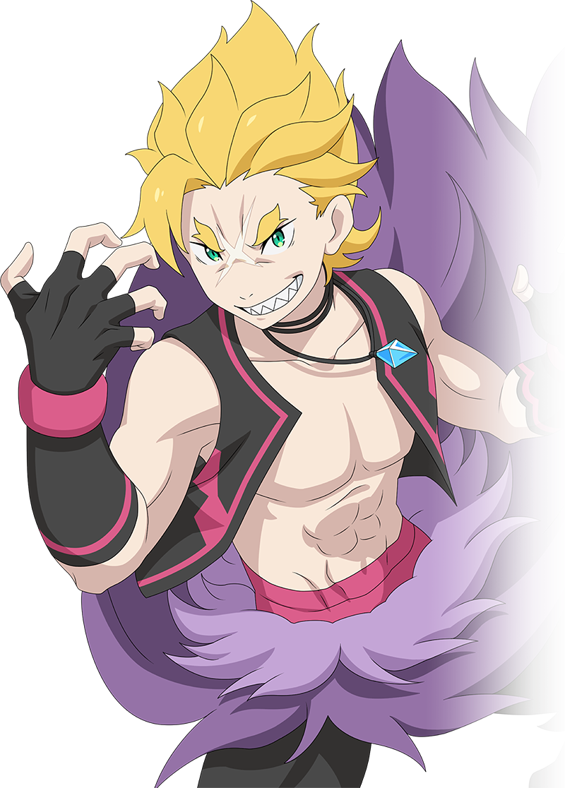 1boy abs black_gloves black_pants black_vest blonde_hair collarbone cross_scar evil_grin evil_smile fingerless_gloves garfiel_tinsel gloves green_eyes grin hair_slicked_back hand_up hands_up jewelry looking_at_viewer official_art open_clothes open_vest pants pendant re:zero_kara_hajimeru_isekai_seikatsu re:zero_kara_hajimeru_isekai_seikatsu_witch&#039;s_re:surrection scar scar_on_face sharp_teeth short_hair simple_background smile solo teeth transparent_background vest