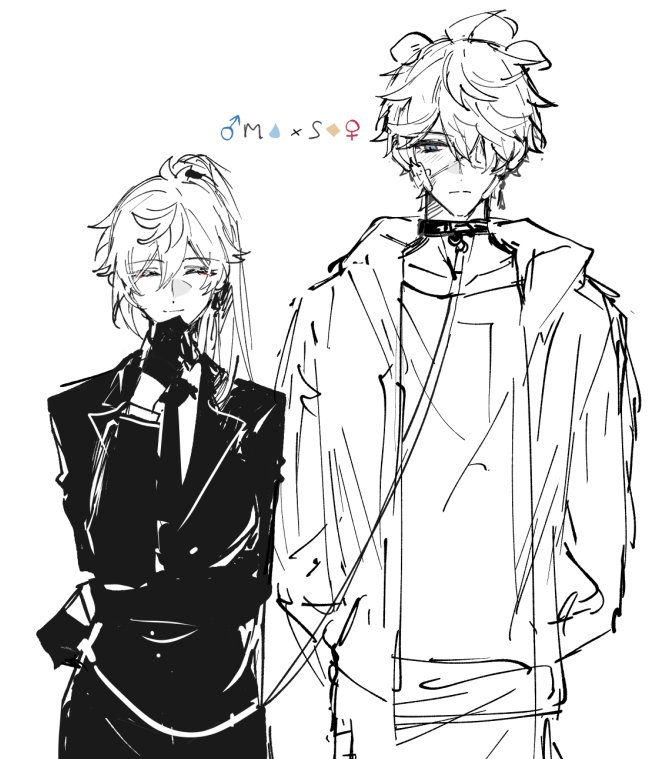 1boy alternate_costume alternate_hairstyle blush genderswap genderswap_(mtf) genshin_impact greyscale hamtaru542899 holding holding_leash leash long_hair monochrome mors_gn one_eye_covered tartaglia_(genshin_impact) twitter uniform white_background zhongli_(genshin_impact)
