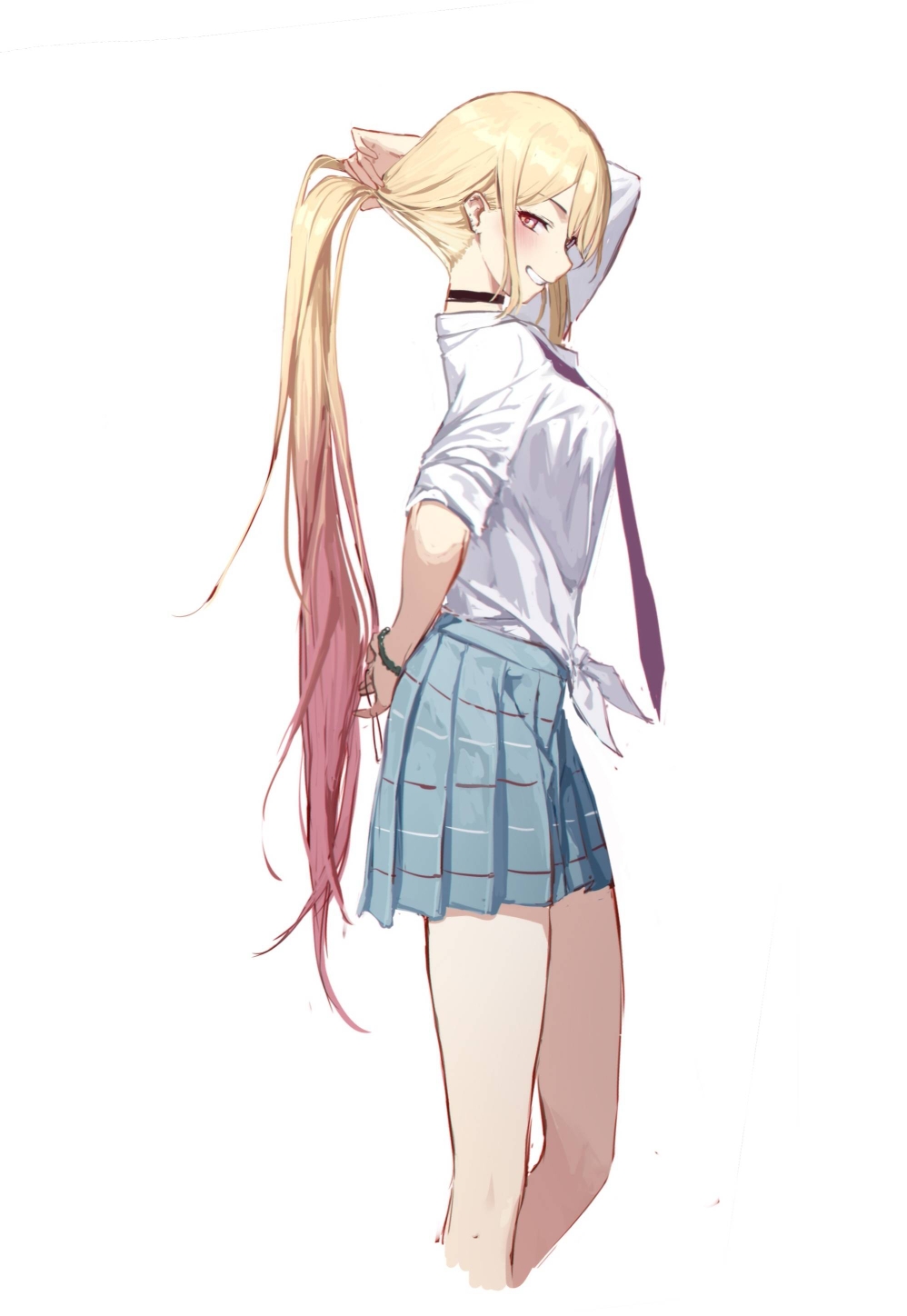 1girl blonde_hair blue_skirt blush bracelet breasts choker collared_shirt commentary_request cowboy_shot cropped_legs ear_piercing from_side highres jewelry kitagawa_marin large_breasts long_hair looking_at_another looking_at_viewer medium_breasts miniskirt multicolored_hair nape necktie piercing pink_hair plaid_clothes plaid_skirt pleated_skirt ponytail red_eyes red_necktie school_uniform shirt short_sleeves sidelocks simple_background skirt smile soeyumi solo sono_bisque_doll_wa_koi_wo_suru standing streaked_hair thighs tied_shirt very_long_hair white_shirt