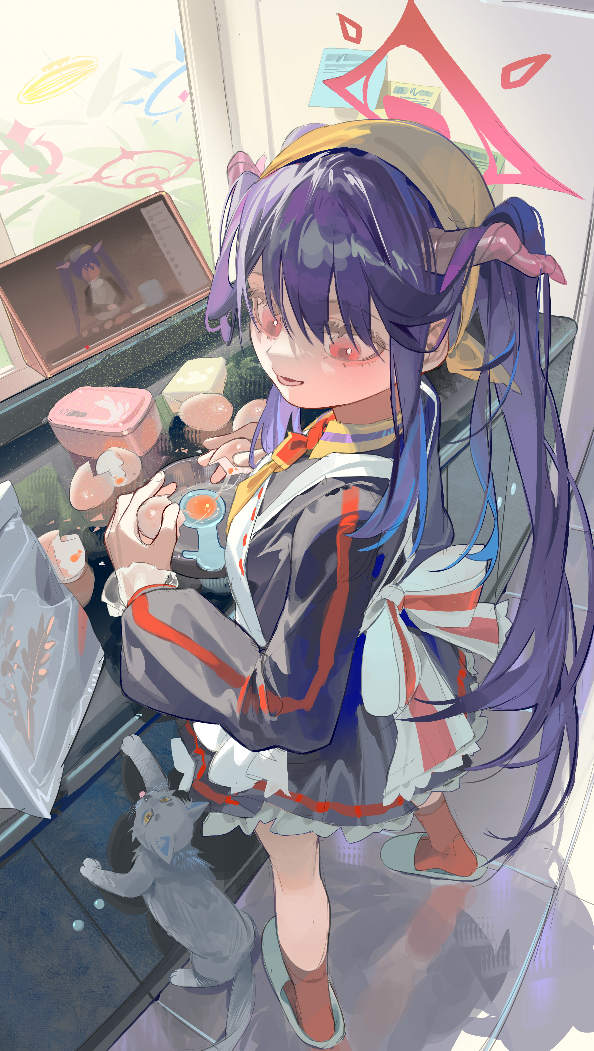 1girl absurdres apron black_hair black_horns blue_archive blush butter cat demon_horns egg egg_(food) egg_yolk flour food fuuka_(blue_archive) halo headscarf highres horns livestream long_hair long_sleeves looking_at_viewer looking_down omurice_(304975636) red_eyes red_halo solo tablet_pc twintails white_apron yellow_headscarf