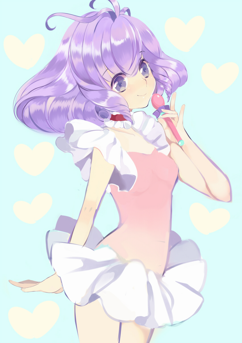 1980s_(style) 1girl blue_background choker creamy_mami female_focus heart highres idol m/ mahou_no_tenshi_creamy_mami microphone morisawa_yuu neko_(natsuiroclassic) oldschool purple_eyes purple_hair retro_artstyle short_hair skirt smile solo
