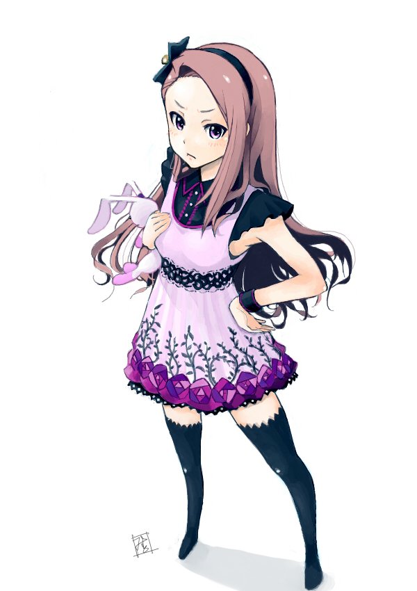 1girl bare_shoulders black_hairband black_sash black_shirt black_thighhighs blush breasts brown_hair closed_mouth dot_nose from_above full_body hairband hand_on_own_hip holding holding_stuffed_toy idolmaster idolmaster_(classic) idolmaster_million_live! idolmaster_million_live!_theater_days long_hair looking_at_viewer minase_iori mistrail pink_eyes sash shadow shirt signature sleeveless sleeveless_shirt small_breasts solo standing stuffed_animal stuffed_rabbit stuffed_toy thighhighs two-tone_skirt usa-chan_(idolmaster) zettai_ryouiki