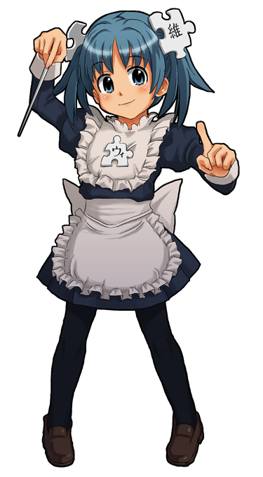 1girl apron back_bow black_pantyhose blue_dress blue_eyes blue_hair blush bow brown_shoes chinese_text closed_mouth collar commentary_request conductor_baton dress frilled_apron frilled_collar frills full_body holding holding_baton index_finger_raised juliet_sleeves kasuga_(kasuga39) legs_apart light_blue_hair loafers long_sleeves looking_at_viewer maid maid_apron medium_hair pantyhose parted_bangs personification pigeon-toed pleated_dress puffy_sleeves puzzle_piece puzzle_piece_hair_ornament puzzle_piece_ornament shoes simple_background sleeve_cuffs smile solo standing tachi-e twintails white_apron white_background white_bow white_collar white_sleeve_cuffs wikipe-tan wikipedia