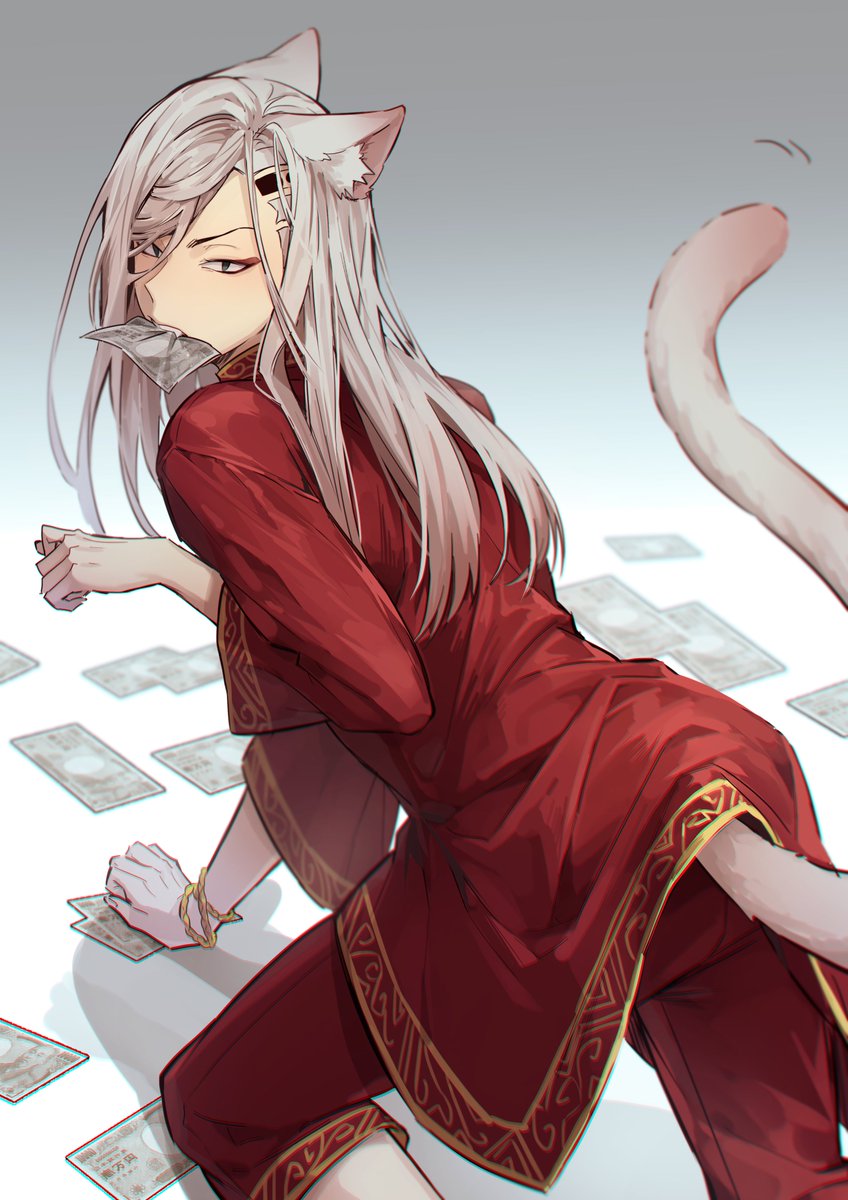 1boy animal_ear_fluff animal_ears banknote black_eyes bracelet cat_boy cat_ears cat_tail cowboy_shot crawling hand_up highres jewelry kokonoi_hajime long_hair long_sleeves male_focus money mouth_hold nanin pants red_pants red_shirt shirt solo tail tokyo_revengers tsurime v-shaped_eyebrows white_background white_hair