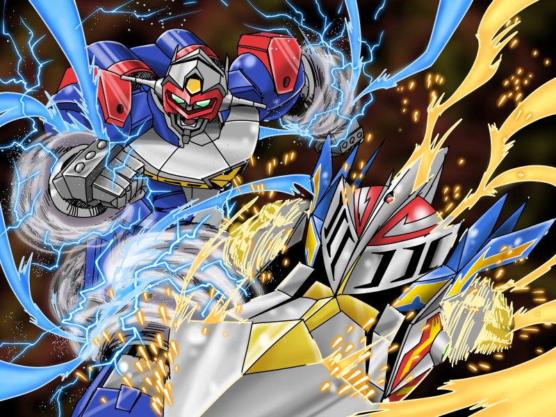 commentary company_connection crush_gear dendou electricity fire garuda_phoenix gear_senshi_dendou gekitou!_crush_gear_turbo green_eyes mecha minemitsu name_connection no_humans robot shield sparks sunrise_(company) sword tornado toy weapon wind