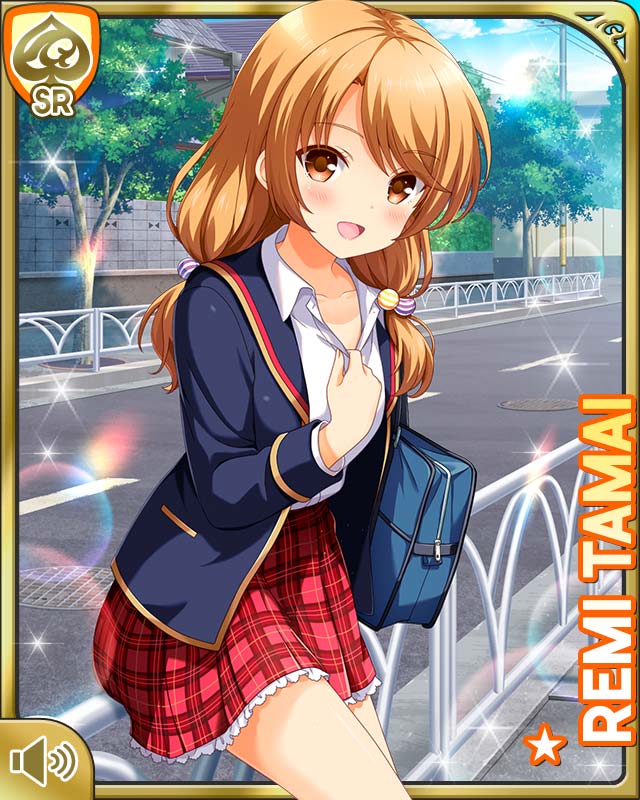 1girl :d bag brown_eyes brown_hair card_(medium) day girlfriend_(kari) looking_at_viewer low_twintails official_art open_mouth outdoors plaid_clothes plaid_skirt pleated_skirt qp:flapper red_skirt school_uniform shirt skirt smile socks solo tagme tamai_remi tanabata twintails white_shirt