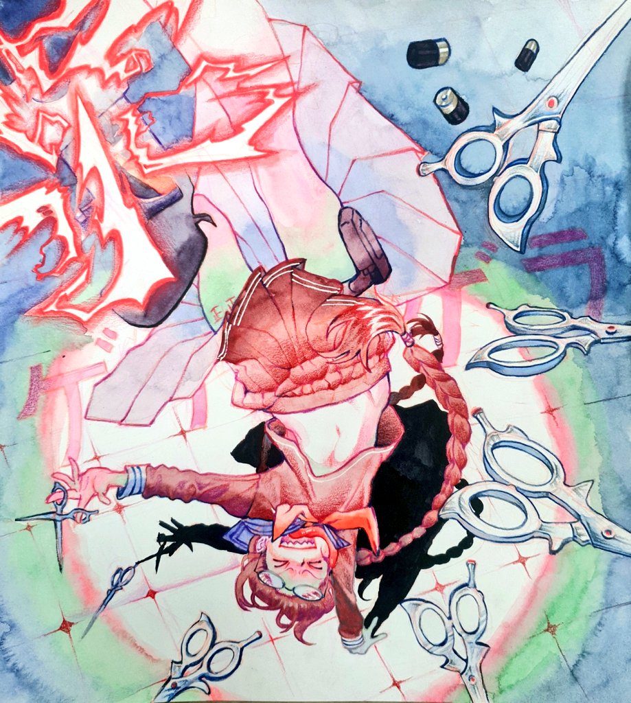 &gt;_&lt; 1girl alternate_hair_color battery body_writing braid danganronpa:_trigger_happy_havoc danganronpa_(series) electricity eyewear_on_head faux_traditional_media feet_out_of_frame floating floating_hair floating_object foreshortening from_above fukawa_toko genocider_shou glasses hair_floating_upwards hamuseutta handstand holding holding_scissors holster long_hair long_sleeves low_twin_braids neckerchief open_mouth red_hair red_neckerchief red_serafuku red_shirt red_skirt round_eyewear school_uniform scissors serafuku shadow sharp_teeth shirt skirt smile solo spotlight stomach tally taser teeth thigh_holster tile_floor tiles twin_braids upside-down watercolor_effect