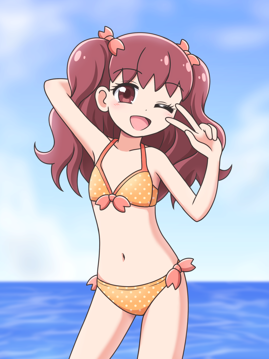 1girl arm_behind_head arm_up bare_arms bare_legs bikini blue_sky blush bow cloud cloudy_sky collarbone commentary contrapposto cowboy_shot day flat_chest front-tie_bikini_top front-tie_top hair_bow highres horizon kanie_(precure) kato-shun light_blush long_hair looking_at_viewer navel ocean one_eye_closed open_mouth orange_bikini orange_bow outdoors polka_dot polka_dot_bikini precure red_eyes red_hair side-tie_bikini_bottom sky smile solo swimsuit twintails v wonderful_precure!