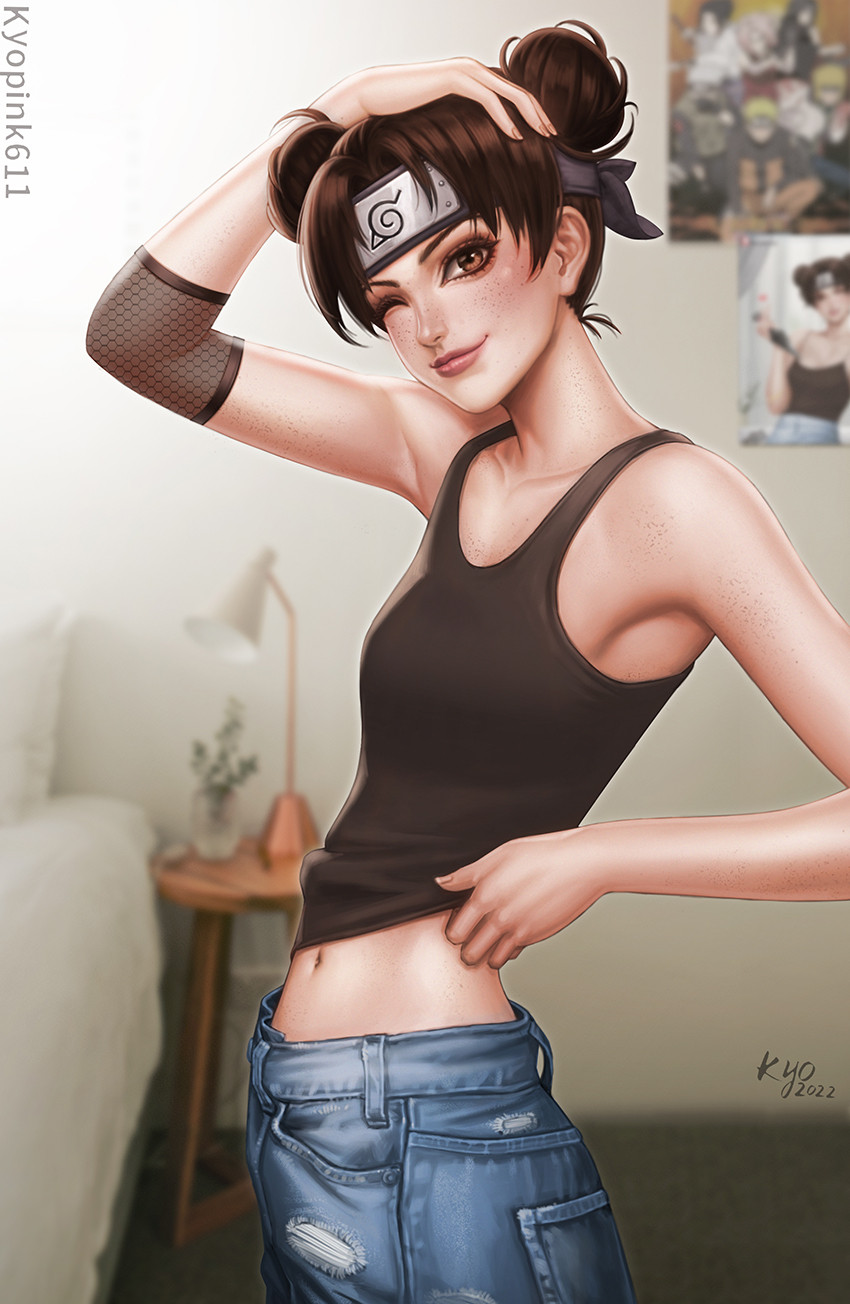 1girl artist_name bed black_shirt blurry blurry_background body_freckles breasts brown_eyes brown_hair collarbone commentary contemporary dated denim double_bun english_commentary female_focus forehead_protector freckles from_side hair_bun hand_on_own_head hand_up highres jeans konohagakure_symbol kyopink lamp looking_at_viewer midriff_peek naruto naruto_(series) naruto_shippuuden navel one_eye_closed pants pillow poster_(object) shirt short_hair skinny small_breasts smile solo t-shirt table tenten_(naruto)