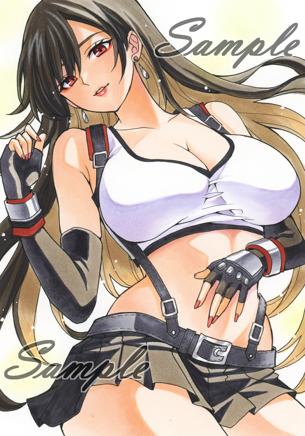 1girl bare_shoulders black_gloves black_hair black_skirt black_sports_bra breasts cleavage commentary cowboy_shot earrings elbow_gloves final_fantasy final_fantasy_vii final_fantasy_vii_remake fingerless_gloves gloves highres jewelry large_breasts light_particles long_hair looking_at_viewer marker_(medium) midriff miniskirt miyakooo0420 open_mouth overall_skirt red_eyes red_lips red_nails sample_watermark skirt sleeveless smile solo sports_bra tank_top tifa_lockhart traditional_media watermark white_tank_top