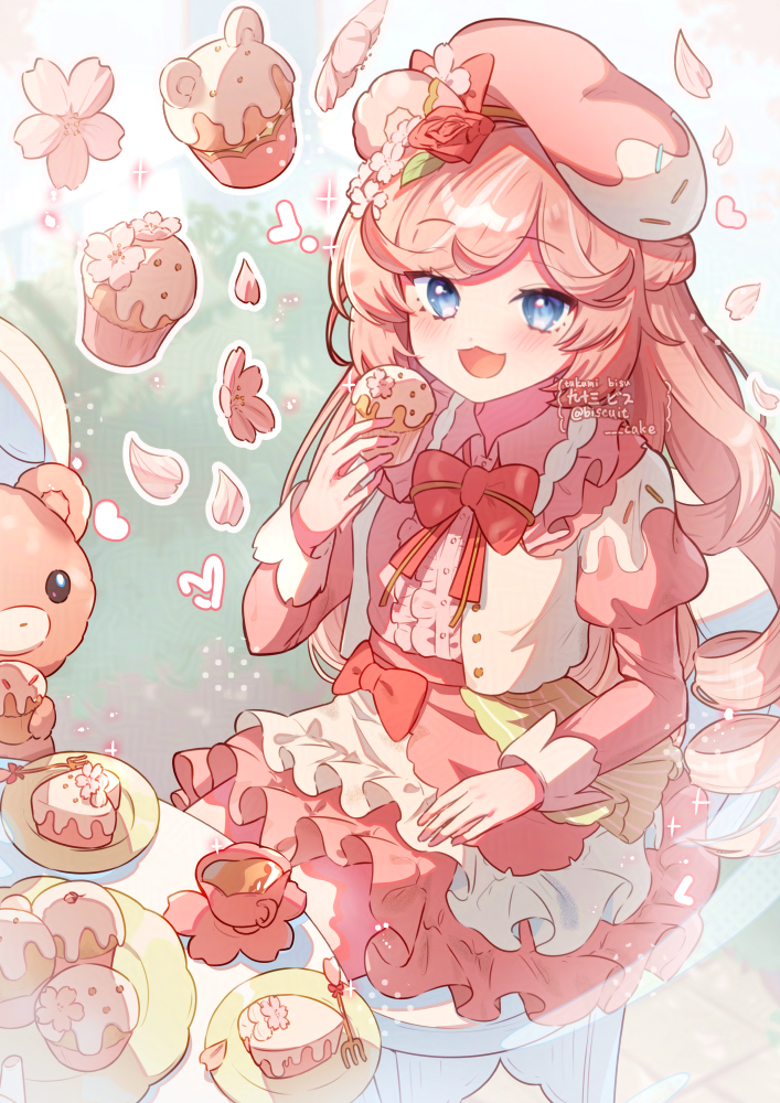 1girl :d animal_ears artist_name blue_eyes blush bow bowtie cake cake_slice collared_dress commentary cup cupcake dress food fork frilled_dress frills hand_up hat holding holding_food juliet_sleeves long_hair long_sleeves looking_at_viewer open_mouth original pink_dress pink_hair pink_hat plate puffy_sleeves red_bow red_bowtie saucer sitting smile solo symbol-only_commentary teacup tsukumi_bis twitter_username