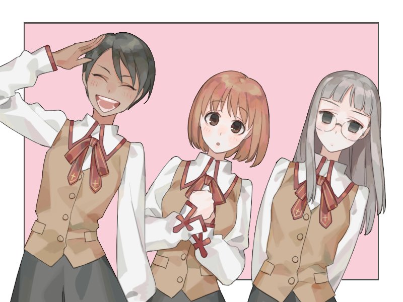 3girls black_hair black_skirt blunt_bangs blush brown_hair buttons closed_eyes dark-skinned_female dark_skin fate/stay_night fate_(series) friends glasses grey_hair himuro_kane homurabara_academy_school_uniform long_hair long_sleeves looking_at_viewer makidera_kaede multiple_girls open_mouth saegusa_yukika sara_(kurome1127) school_uniform shirt short_hair skirt smile vest white_shirt