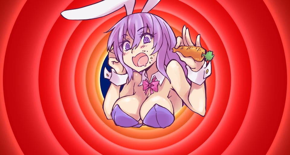 1girl animal_ears bare_arms bare_shoulders bow bowtie breasts bugs_bunny carrot cleavage detached_collar drooling eating erina_(rabi-ribi) food food_on_face holding holding_food jiete leotard long_hair looney_tunes medium_breasts mouth_drool open_mouth parody pink_bow pink_bowtie playboy_bunny purple_eyes purple_hair purple_leotard rabbit_ears rabi-ribi solo strapless strapless_leotard traditional_bowtie very_long_hair white_wrist_cuffs wrist_cuffs