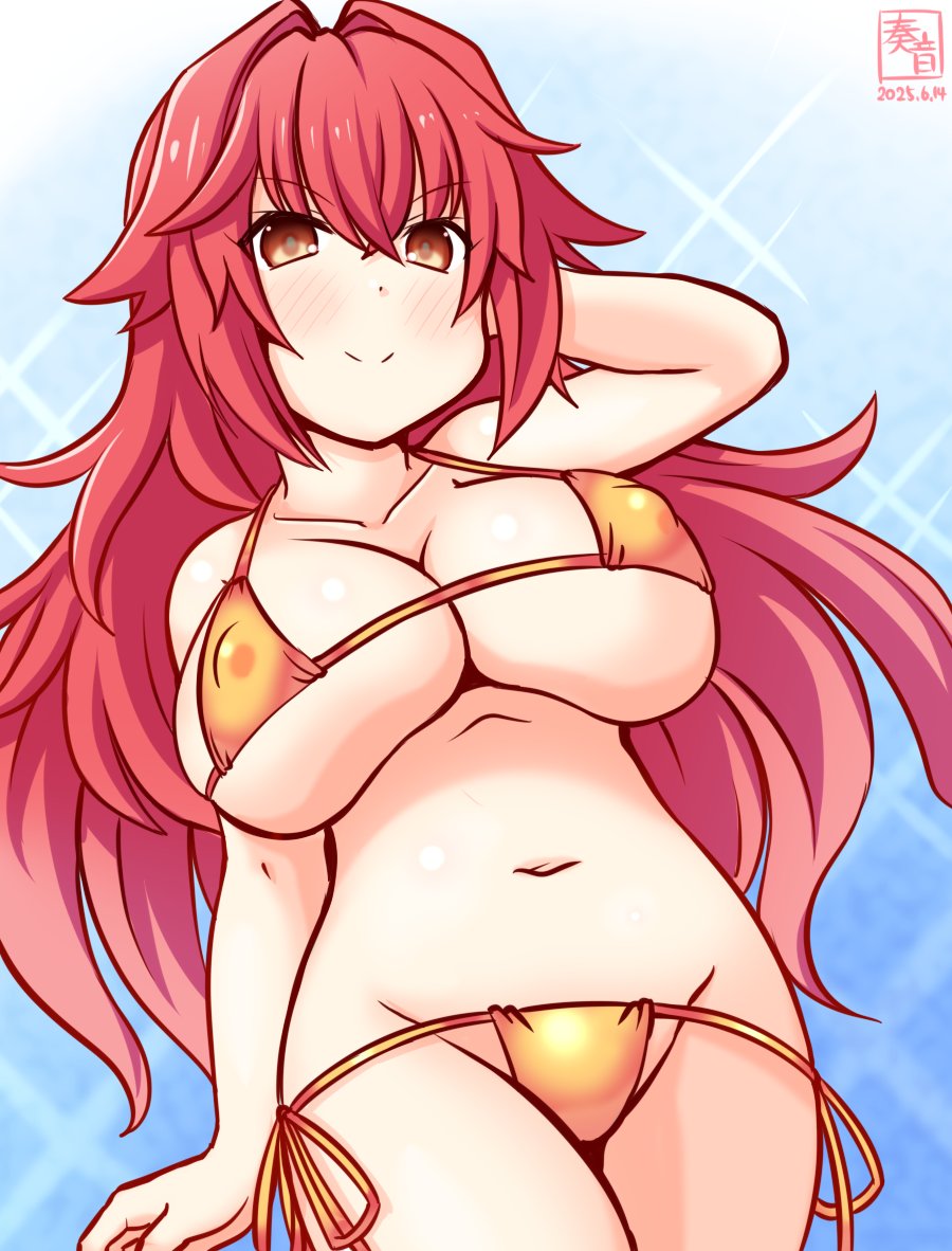 1girl alternate_costume artist_logo bikini blue_background blush breasts collarbone dated gold_bikini gradient_background hair_between_eyes kanon_(kurogane_knights) kantai_collection large_breasts logo long_hair looking_at_viewer navel one-hour_drawing_challenge phoenix_(kancolle) red_eyes red_hair smile solo swimsuit