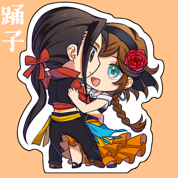 1boy 1girl :d agnea_bristarni aqua_eyes black_hair black_hairband black_pants bow braid chibi closed_mouth dancing dress earrings flower frilled_dress frills hair_bow hairband hikari_ku hoop_earrings jewelry long_hair octopath_traveler octopath_traveler_ii open_mouth orange_background osgt_pic pants red_bow red_flower red_rose rose simple_background smile