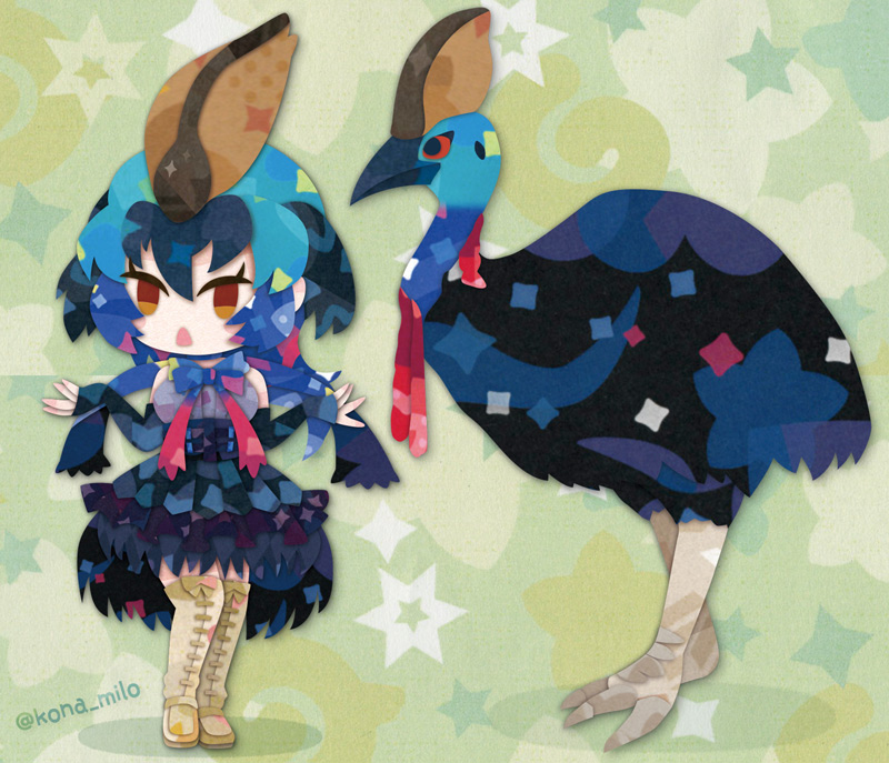 1girl animal bird bird_girl bird_wings blue_hair boots bow bowtie brown_eyes creature_and_personification dress elbow_gloves fingerless_gloves gloves green_background head_wings japari_symbol kemono_friends kikuchi_milo looking_at_viewer personification short_hair simple_background skirt sleeveless southern_cassowary_(kemono_friends) wings