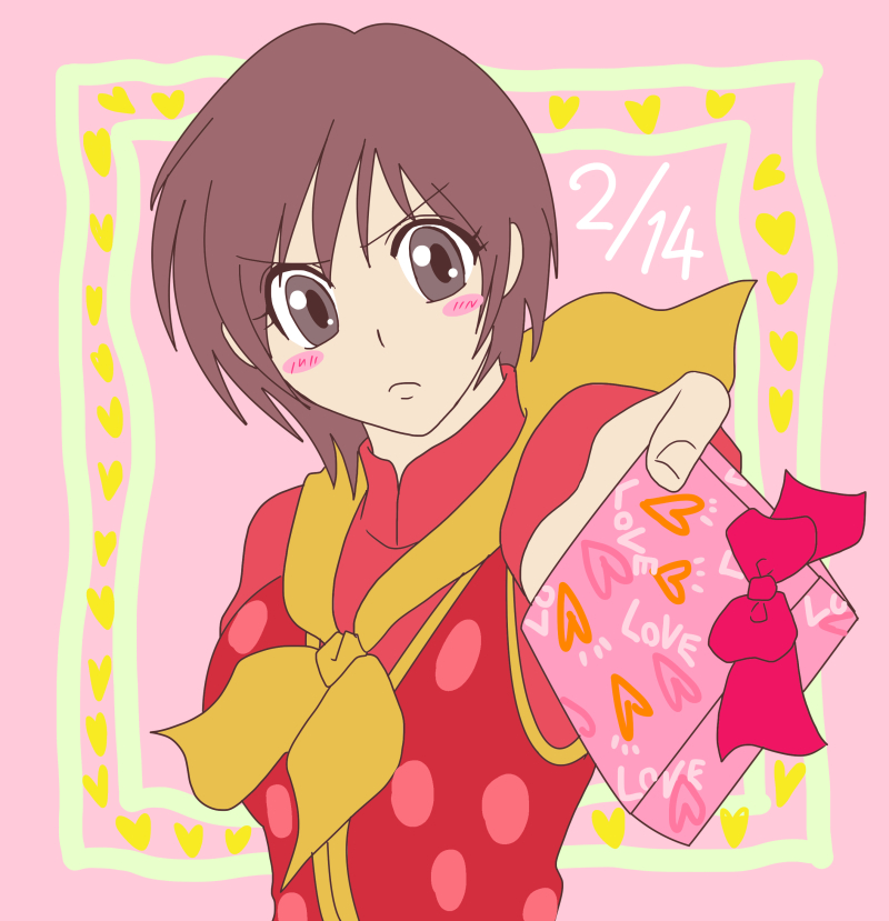 1girl blush_stickers box brown_eyes brown_hair chinese_clothes eileen female_focus haigo7 happy_valentine short_hair solo valentine virtua_fighter virtua_fighter_5