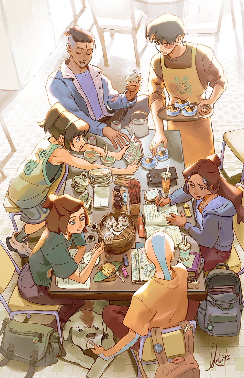 3girls aang alternate_universe appa atla_(saint_seiya) avatar:_the_last_airbender avatar_legends backpack bag bald black_hair book brown_hair dog highres katara long_hair medium_hair multiple_girls pen qrbits scar slice_of_life sokka spoon tattoo tea toph_beifong ty_lee zuko