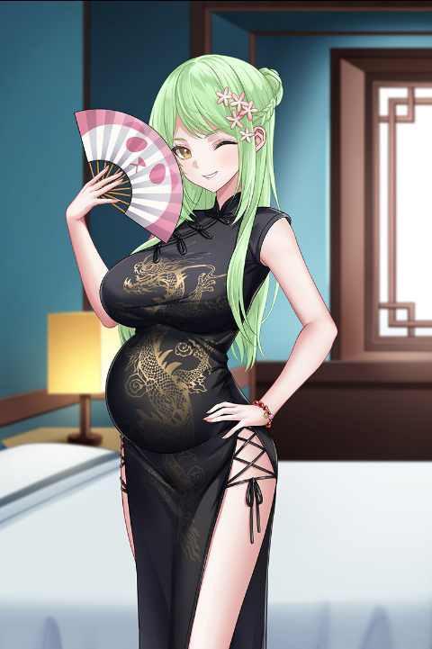 1girl bed breasts china_dress chinese_clothes dress fan game_cg green_hair hair_ornament indoors large_breasts lee_xiangli long_hair looking_at_viewer nijigen_kanojo official_art offscreen_male one_eye_closed pregnant smile wink