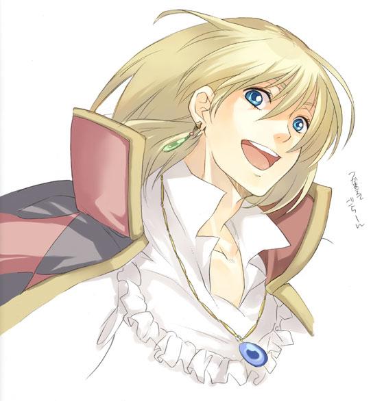 1boy blonde_hair blue_eyes blue_gemstone cape checkered_cape checkered_clothes collared_shirt commentary_request cropped_torso earrings frilled_shirt frills gem howl_(howl_no_ugoku_shiro) howl_no_ugoku_shiro jewelry looking_ahead male_focus medium_hair mystical_high_collar necklace open_collar open_mouth piercing popped_collar sarachi_yomi shirt simple_background solo teeth tongue upper_teeth_only white_background white_shirt yellow_trim
