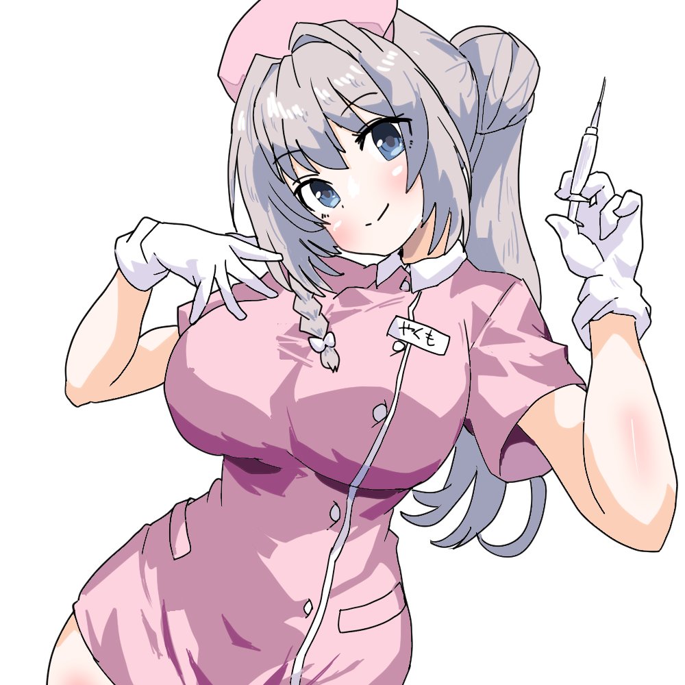 1girl blue_eyes braid breasts gloves hair_bun holding holding_syringe large_breasts looking_at_viewer magia_record:_mahou_shoujo_madoka_magica_gaiden mahou_shoujo_madoka_magica ponytail short_sleeves single_hair_bun solo syringe usavivi777 white_gloves yakumo_mitama