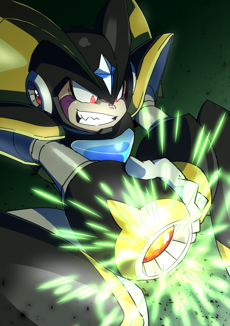 1boy aiming android arm_cannon armor bass_(mega_man) black_armor black_helmet chest_jewel clenched_teeth closed_mouth evil_grin evil_smile facial_mark fang forehead_jewel gloves glowing glowing_eyes gradient_background grin helmet highres hiyoko_ai holding holding_weapon jewelry looking_down male_focus mega_man_(classic) mega_man_(series) powering_up red_eyes robot robot_ears shoulder_armor smile solo solo_focus sparkle teeth weapon white_gloves