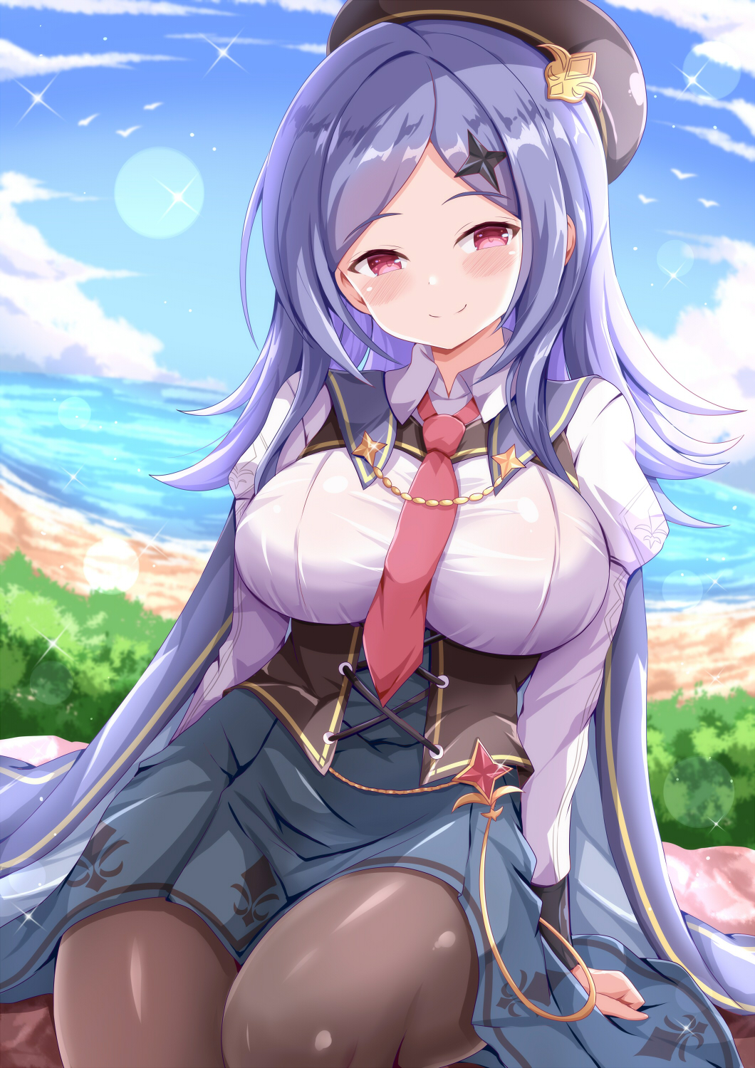 1girl aqua_dress beach beret black_pantyhose blue_hair blue_sky blush breasts cape closed_mouth collared_shirt day dress flower hair_ornament hat highres horizon iris_(flower) large_breasts lens_flare long_hair looking_at_viewer necktie ocean original outdoors pantyhose parted_bangs purple_cape purple_eyes red_necktie shirt sitting sky smile solo star_(symbol) star_hair_ornament white_shirt xenon_(for_achieve)