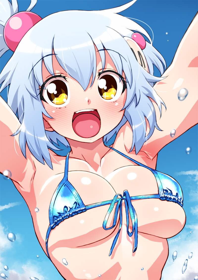 1girl armpits arms_up bikini blue_bikini blue_hair blue_sky blush bombergirl bomberman breasts character_hair_ornament commentary_request hair_bobbles hair_ornament large_breasts looking_at_viewer micro_bikini one_side_up open_mouth senzoc shiro_(bombergirl) short_hair sky smile solo swimsuit upper_body water white_bomberman yellow_eyes
