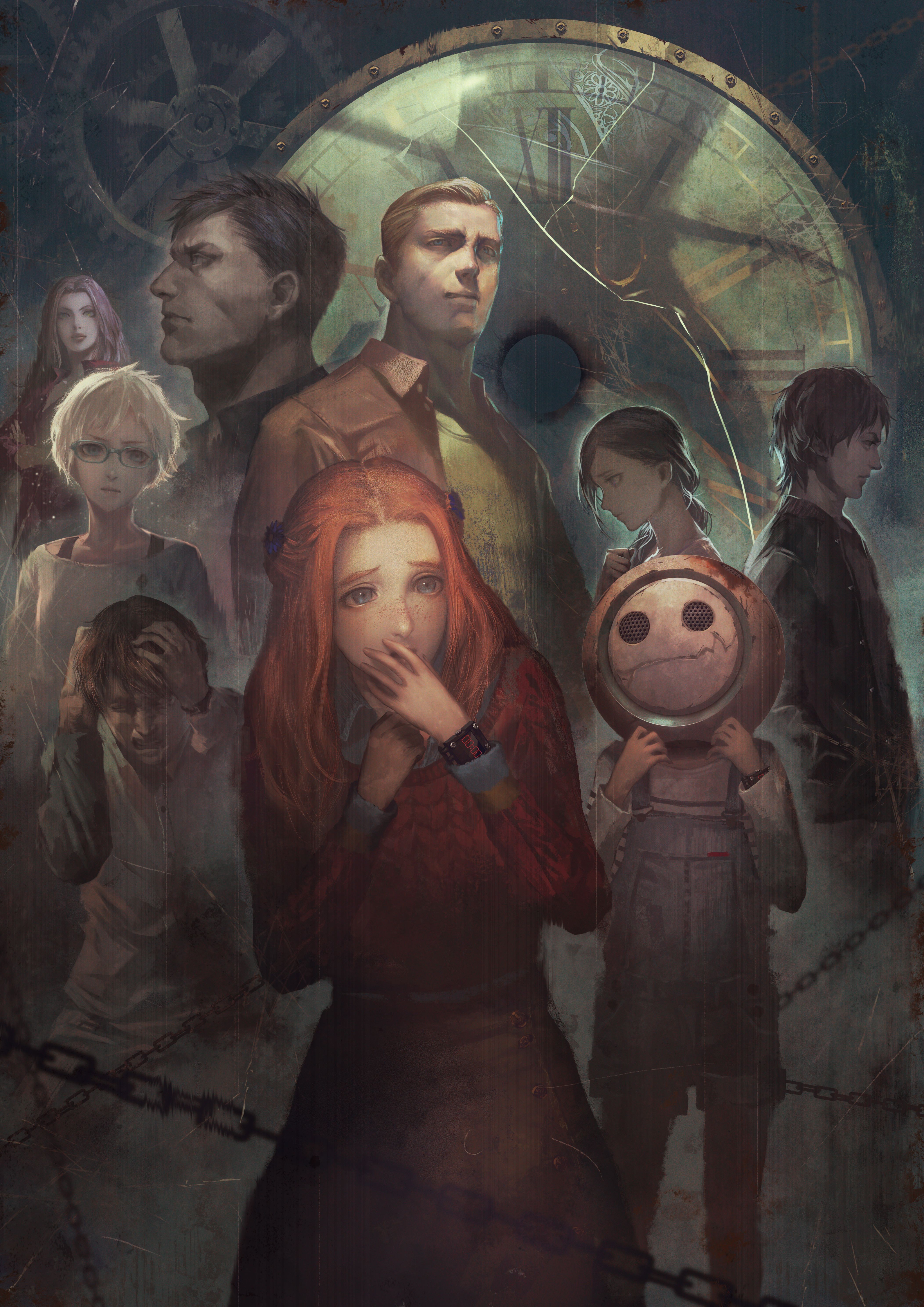 4girls 5boys absurdres analog_clock black_hair black_jacket blonde_hair blue-framed_eyewear blue_eyes blue_flower blue_overalls blue_shirt bracelet brown_hair brown_skirt carlos_(kyokugen_dasshutu) chain clock closed_mouth crack cracked_glass denim diana_(kyokugen_dasshutsu) eric_(kyokugen_dasshutu) flower freckles from_side gears glasses hair_flower hair_ornament hands_on_own_head highres jacket jewelry junpei_(kyokugen_dasshutsu) key_visual kyokugen_dasshutsu long_hair long_sleeves mira_(kyokugen_dasshutu) multiple_boys multiple_girls kurashiki_akane official_art open_mouth orange_hair overalls phi_(kyokugen_dasshutsu) pink_jacket promotional_art q_(zero_time_dilemma) red_jacket red_sweater roman_numeral shirt short_hair sigma_(kyokugen_dasshutsu) skirt standing sweater third-party_source tomono_rui very_short_hair white_hair white_shirt zero_escape:_toki_no_dilemma