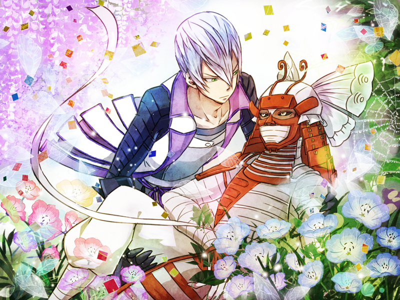 2boys armor bandaged_arm bandaged_head bandages black_sclera colored_sclera feet_out_of_frame flower green_eyes ha0810 hand_on_another&#039;s_arm hand_on_another&#039;s_leg helmet ishida_mitsunari_(sengoku_basara) japanese_armor kabuto_(helmet) looking_at_another male_focus multiple_boys ootani_yoshitsugu_(sengoku_basara) sengoku_basara short_hair white_eyes white_hair
