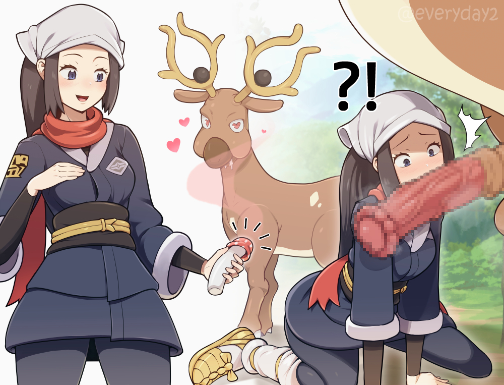 !? 1girl :d ^^^ akari_(pokemon) animal_penis bestiality black_eyes black_hair black_thighhighs breasts censored everyday2 gen_2_pokemon headscarf heart heart-shaped_pupils horse_penis long_hair medium_breasts mosaic_censoring mushroom nintendo obi open_mouth penis penis_awe pokemon pokemon_legends:_arceus pokephilia red_scarf sash scarf sitting smile stantler symbol-shaped_pupils thighhighs wariza white_headscarf wide-eyed