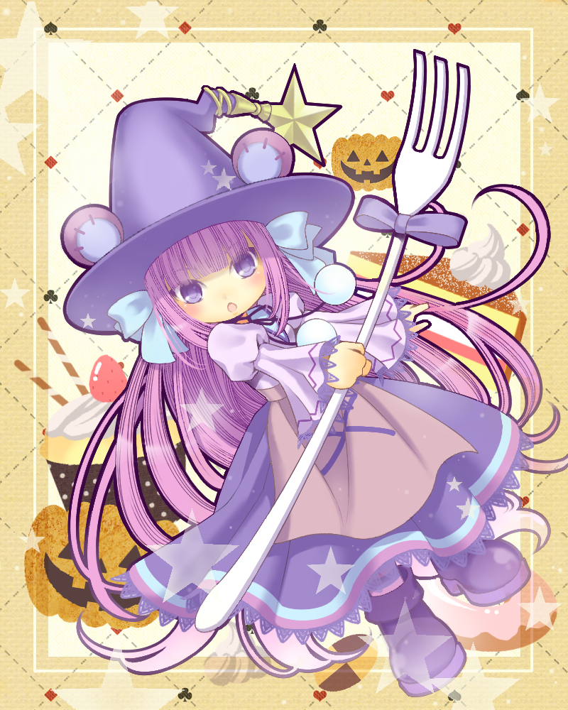 1girl boots cherry2317 dress dumpty_alma emil_chronicle_online fork hat holding holding_fork long_hair open_mouth purple_boots purple_dress purple_eyes purple_hair purple_hat puzzle_&amp;_dragons ribbon standing witch_hat