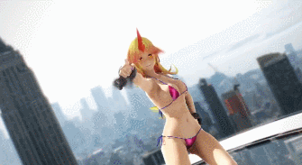 2girls 3d animal_ears animated animated_gif bikini bouncing_breasts breasts dancing fox_ears horn hoshiguma_yuugi long_hair lowres multiple_girls red_eyes short_hair single_horn source_request swimsuit touhou v yakumo_ran yellow_eyes
