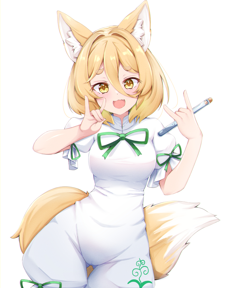 1girl :3 animal_ears blonde_hair breasts commentary_request corked_bottle cowboy_shot fox_ears fox_girl fox_shadow_puppet fox_tail green_ribbon holding holding_test_tube kudamaki_tsukasa mandarin_collar open_mouth puffy_short_sleeves puffy_sleeves ribbon romper rururiaru short_sleeves simple_background small_breasts solo tail test_tube touhou white_background white_romper yellow_eyes yellow_tail