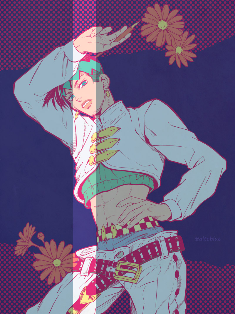 1boy abs arm_up belt black_belt black_hair commentary_request crop_top cropped_jacket diamond_wa_kudakenai earrings green_eyes green_headband hand_on_own_hip headband hisohiso_(altoblue) holding holding_pen jewelry jojo_no_kimyou_na_bouken kishibe_rohan male_focus midriff nib_pen_(object) parted_lips pen solo teeth