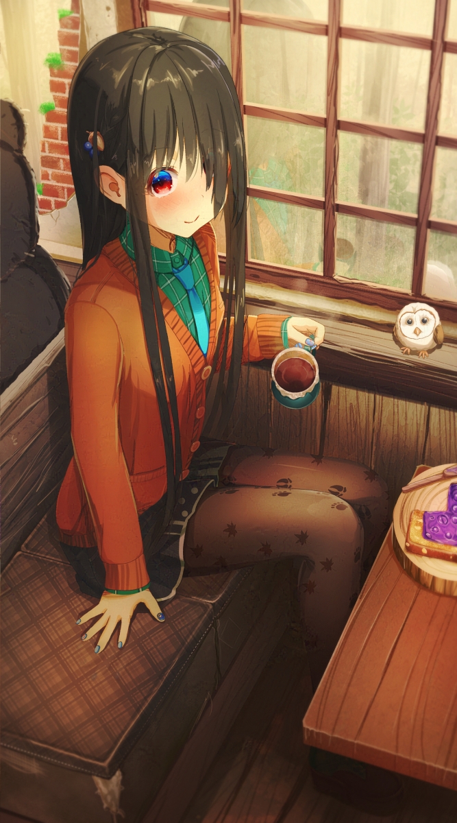 1girl acorn_hair_ornament aiuabo bird black_hair blue_eyes blue_nails blue_necktie blue_skirt blush brown_pantyhose buttons cardigan closed_mouth collared_shirt commentary_request couch cup dress_shirt green_shirt hair_ornament hair_over_one_eye highres holding holding_cup indoors leaf_print long_hair long_sleeves looking_at_viewer miniskirt mug multicolored_eyes nail_polish necktie on_couch one_eye_covered orange_cardigan original owl pantyhose pleated_skirt print_pantyhose red_eyes shirt sidelocks sitting skirt smile solo striped_clothes striped_shirt two-tone_eyes window