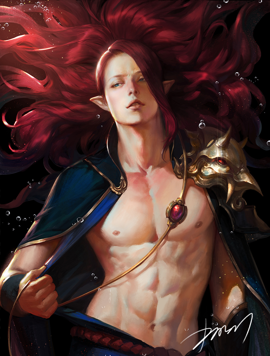 1boy abs air_bubble arm_at_side arm_guards armor blue_eyes bubble cape collarbone floating_hair gem highres japanese_clothes kdash lips long_hair looking_away male_focus navel nipples onmyoji parted_lips pauldrons pectorals pointy_ears pulling_own_clothes red_eyes rope shoulder_armor shuten_douji_(onmyoji) sideways_glance signature solo spikes stomach submerged underwater upper_body