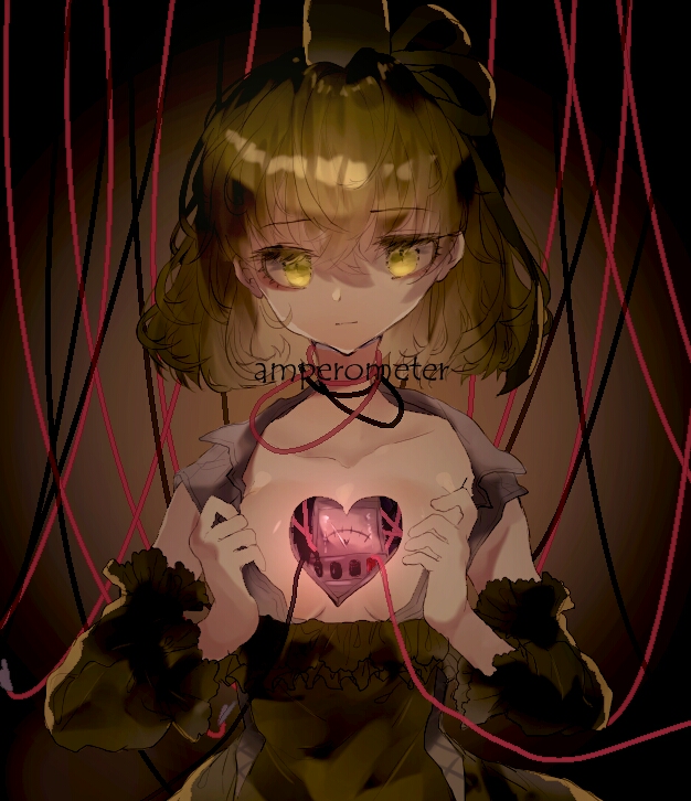 1girl ammeter breasts brown_background cable closed_mouth clothing_cutout commentary_request dress expressionless green_dress green_eyes green_hair heart heart_cutout looking_at_viewer one-hour_drawing_challenge shinjitsu_no_kuchi short_hair small_breasts soga_no_tojiko solo touhou upper_body