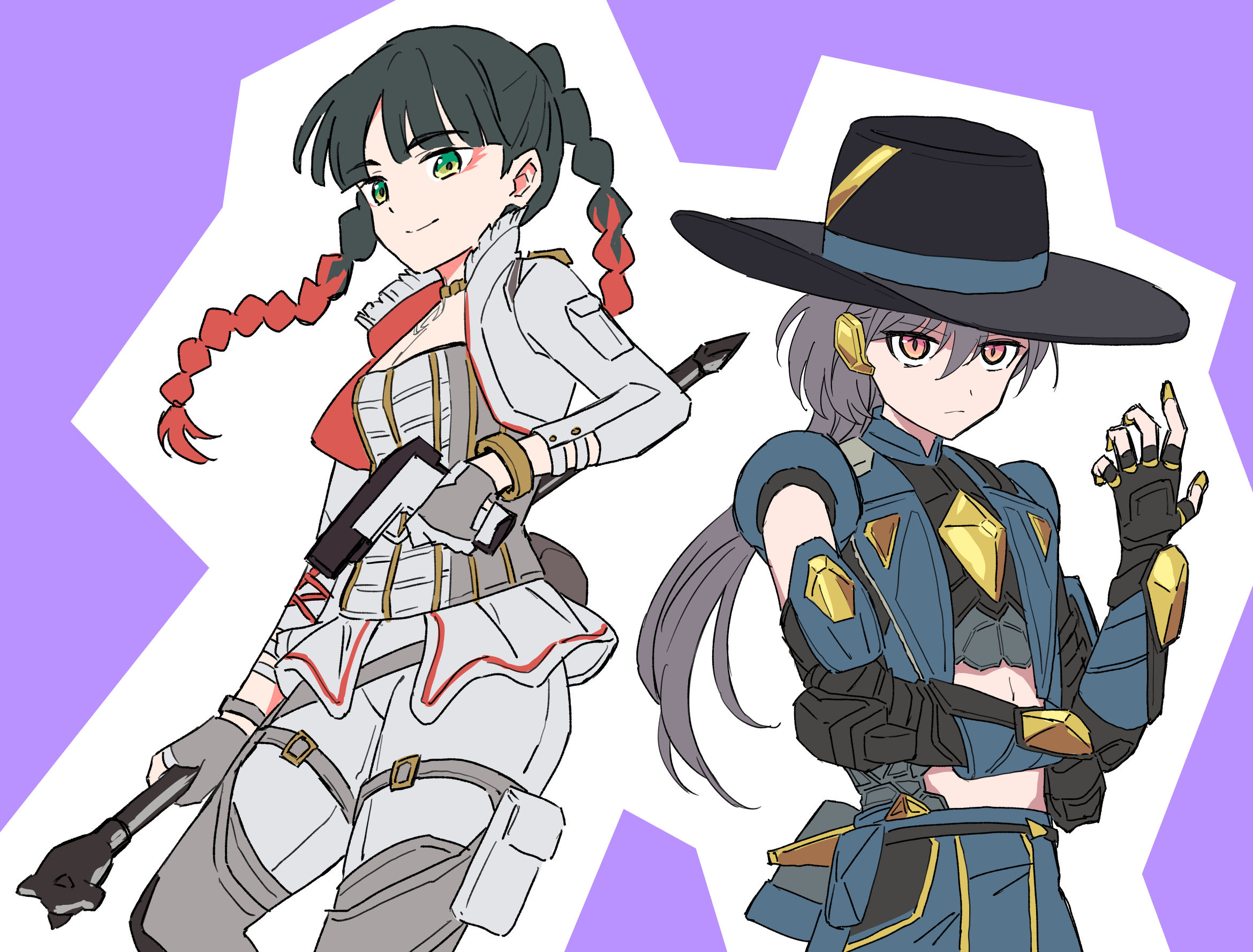 2girls alt_text alternate_hair_length alternate_hairstyle armored_gloves black_gloves black_hat blunt_bangs braid breasts cleavage closed_mouth commentary_request cosplay_request cowboy_hat cowboy_shot cropped_jacket elbow_gloves fingerless_gloves gloves green_eyes grey_gloves gun hair_between_eyes handgun hat highres holding holding_gun holding_mace holding_weapon jacket katsuragi_izumi linea_alba link!_like!_love_live! long_hair long_sleeves love_live! mace medium_breasts momose_ginko multiple_girls nogreen open_clothes open_jacket orange_eyes outline pants purple_background simple_background slit_pupils smile split_mouth tight_clothes tight_pants twin_braids virtual_youtuber weapon white_outline white_pants
