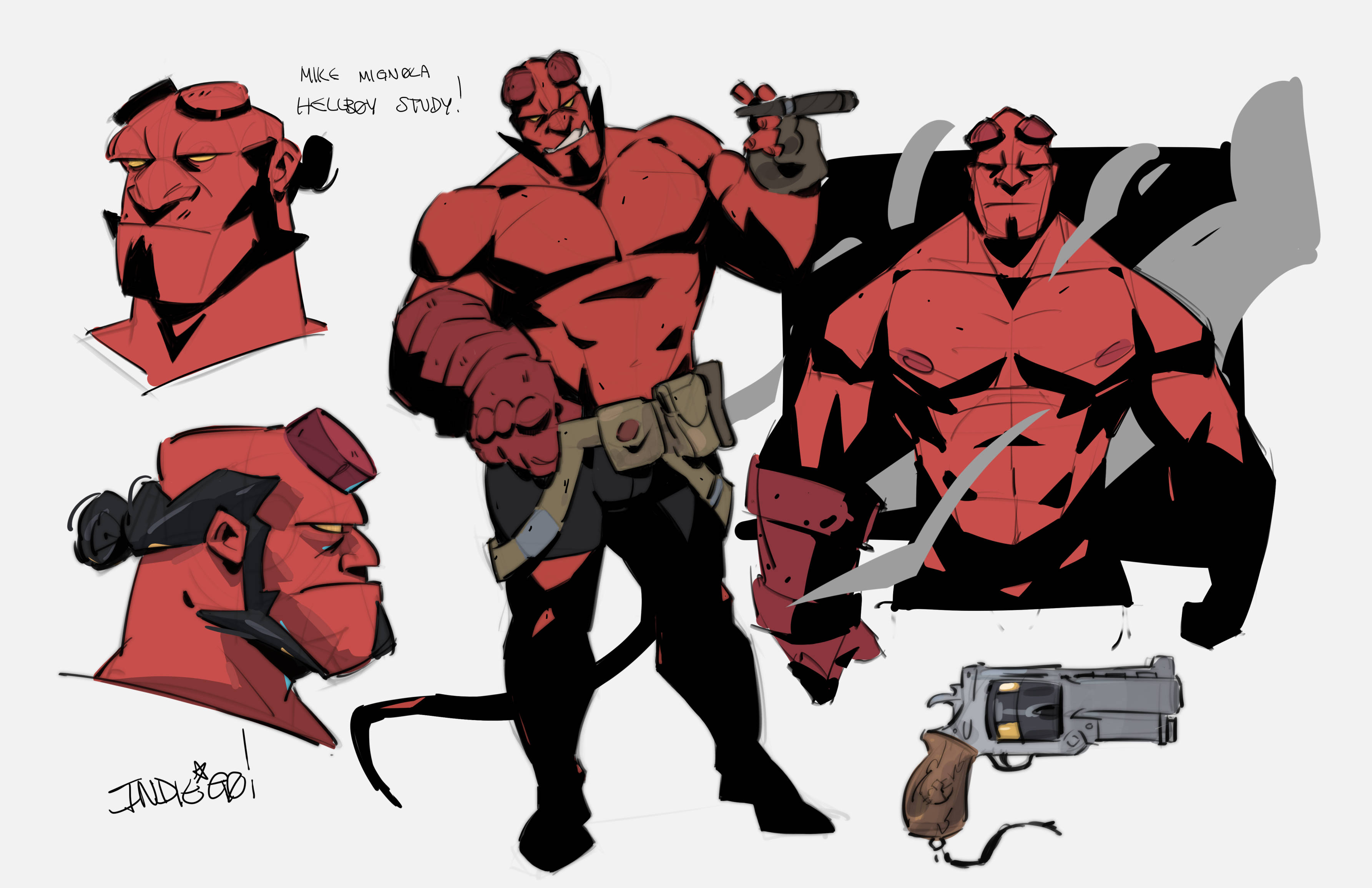 1boy absurdres arts_of_indiego balding bara blank_eyes broken_horn cigar colored_skin demon_boy english_text facial_hair full_body gun hellboy hellboy_(comic) highres horns large_pectorals looking_at_viewer male_focus mature_male monster_boy multiple_views muscular muscular_male mutton_chops nipples pants pectorals profile red_skin standing strongman_waist thick_thighs thighs topless_male weapon